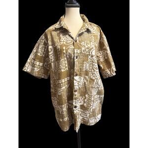 Vtg Aloha Men’s Shirt Tan & White Tapa Pattern